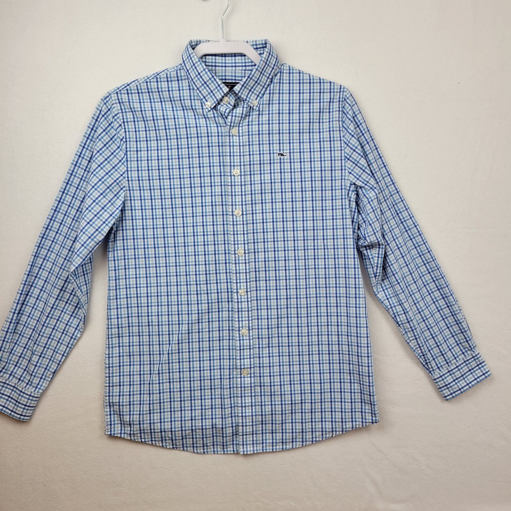 Vineyard Vines Shirt Boys L 16 Blue Red‎ Long Sleeve Button Up Whale Plaid EUC